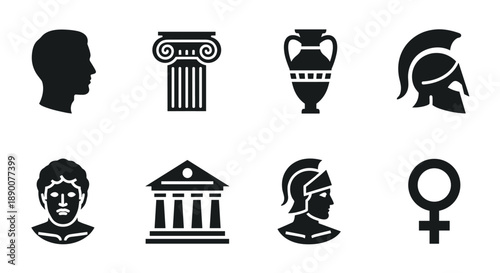 Ancient greek symbols: silhouettes of columns, helmets, and amphoras