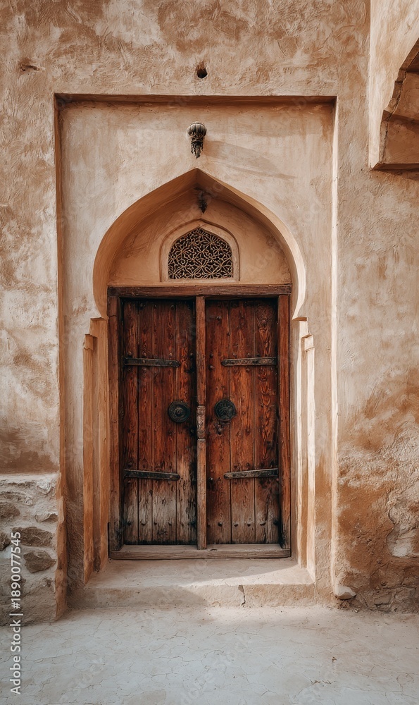 Fototapeta premium Rustic wooden door in ancient Middle Eastern architecture