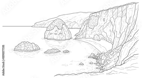 Coastal cliff landscape with rocks and beach in line art style