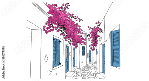 Charming mediterranean alleyway with pink bougainvillea and blue shutters