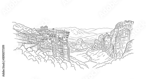 Linear drawing of cliffside monastery and mountains in serene landscape