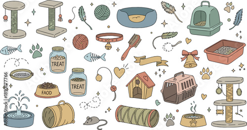 Pet care vector set with cat furniture, scratching posts, litter boxes, toys, treats, food bowls, carriers, and adorable animal accessories