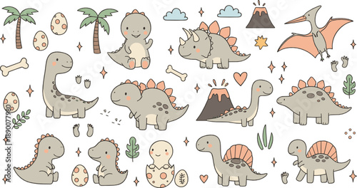 Cute baby dinosaur vector set with pastel prehistoric animals, eggs, volcanoes, palm trees, hearts, and adorable kids characters