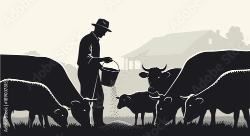Farmer feeding cows in rural landscape