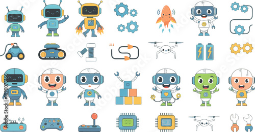 Cute cartoon robot vector set with AI characters, drones, gears, rockets, controllers, batteries, and playful futuristic technology icons
