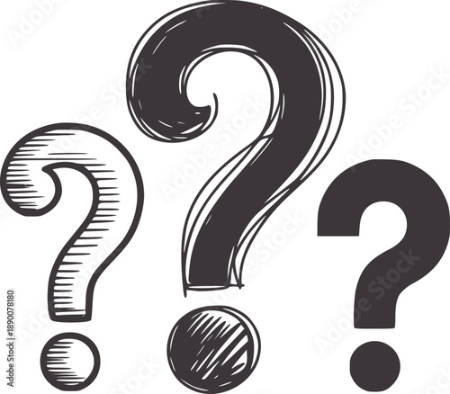 Three hand drawn dark grey question marks symbol punctuation query