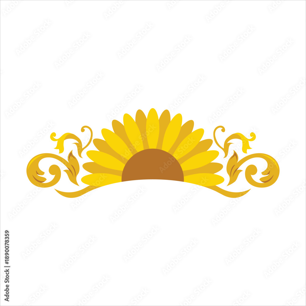 Obraz premium Decorative sunflower & golden scroll flourish design element Vector