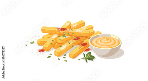 A pile of delicious french fries seasoned with paprika and herbs, served with a creamy dipping sauce in a small bowl, creating an appealing and flavorful snack or side...