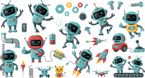 Cute cartoon robot vector set with futuristic AI machines, rockets, tools, gears, and playful tech characters for kids designs