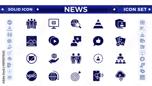 Media and news outline icons collection. Television, blogging, social media, video, promotion icons. UI icon set. Thin outline icons pack.  Containing journalist, press conference, newspaper.