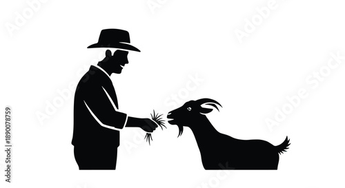 Farmer feeding goat with transparent background