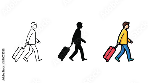 Traveler walking with rolling suitcase icon set, outline, silhouette, and color illustration of a man pulling luggage