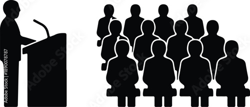 Isolated speaker at podium addressing audience in auditorium illustration vector