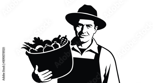 Farmer with basket of produce with transparent background