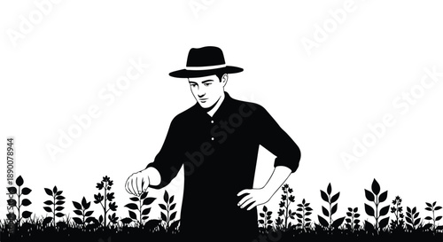 Farmer tending plants with transparent background