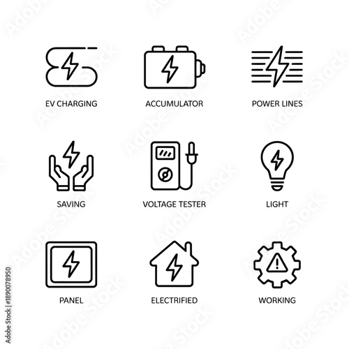 Set of electric power and energy related flat icons with explanations