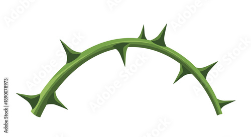 A single curved green thorny vine with sharp spikes, isolated on a white background, symbolizing difficulty, challenges, or a protective barrier in a simple illustration.