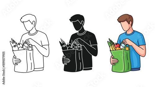 Man unpacking groceries from a reusable shopping bag, set of three styles outline, silhouette, and color illustration