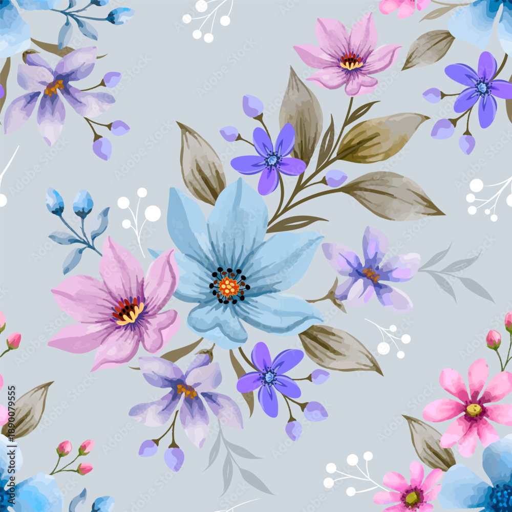 Obraz premium Seamless pink and blue lily floral pattern vector featuring a nature-inspired blossom design with spring leaves and summer flowers for a decorative fabric wallpaper texture