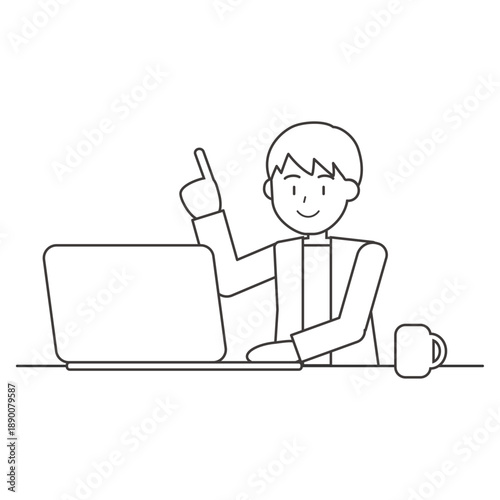 指差しする男性の線画イラスト　ビジネス向け人物素材