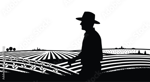 Farmer walking through fields with crops and landscape