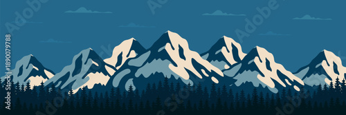 Vector illustration of snow-covered mountains showing an untouched winter landscape. Towering snowy peaks under a clear blue sky with forest below. Flat scenic design for nature and travel themes