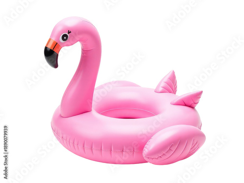 A pink inflatable flamingo floatiing on a white background
