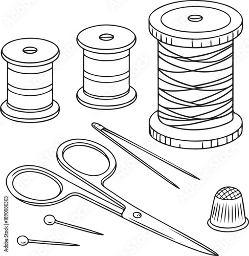 A shiny set of sewing tools including scissors and thread is stored inside a blank silver aluminum metal tin container isolated on white