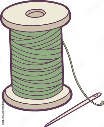 A closeup of a sharp needle with cotton thread and a colorful spool of red string isolated on white, a classic textile tool for tailor craft and needlework