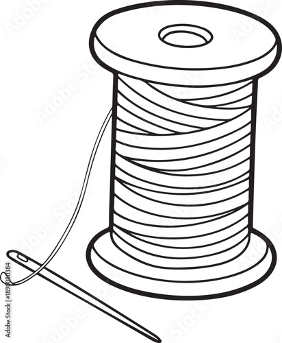 A closeup of a sharp metal needle with red cotton thread isolated on white, featuring a colorful bobbin and essential textile tools for professional sewing and craft needlework