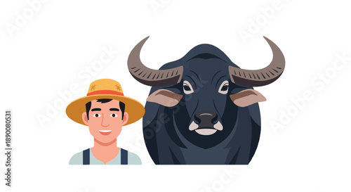 Farmer and buffalo portrait with transparent background