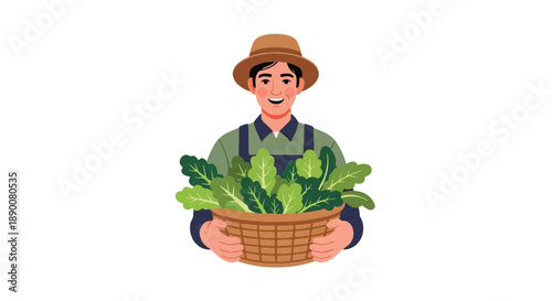 Farmer holding basket of lettuce with transparent background