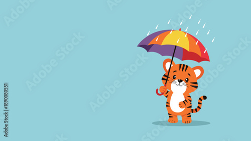 Adorable cartoon tiger cub holding a colorful rainbow umbrella during a rain shower on a solid light blue background.