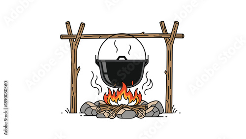 Classic outdoor cooking scene featuring a black cauldron hanging over a blazing campfire made of logs and stones.