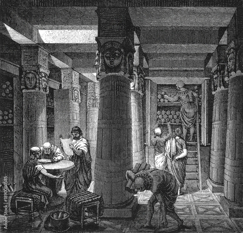 Scholars selecting and reading scrolls in the Great Library of Alexandria hall, showing Hellenistic intellectual center and ancient knowledge preservation methods, old vintage illustration, 1880