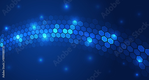 Abstract futuristic background with glowing blue hexagonal pattern forming a flowing wave. Concept of digital network, data stream, AI technology and high-tech innovation.