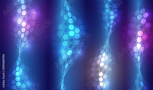 Abstract futuristic background with glowing twisted hexagonal patterns in blue and purple tones. Concept of digital waves, data flow, AI technology and high-tech innovation.