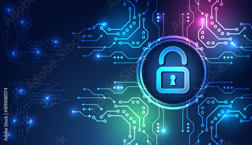 Cyber security concept with glowing digital lock and circuit lines on a dark background, symbolizing data protection, encryption, privacy, and secure networks.