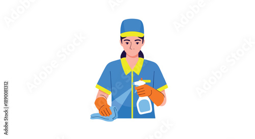 Cleaning woman spraying and wiping with transparent background