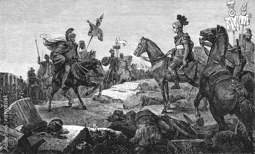 Canvas Print Scipio Africanus and Hannibal Barca meeting on horseback with their entourages amidst battlefield casualties and war elephants prior to Battle of Zama, old vintage illustration, 1880