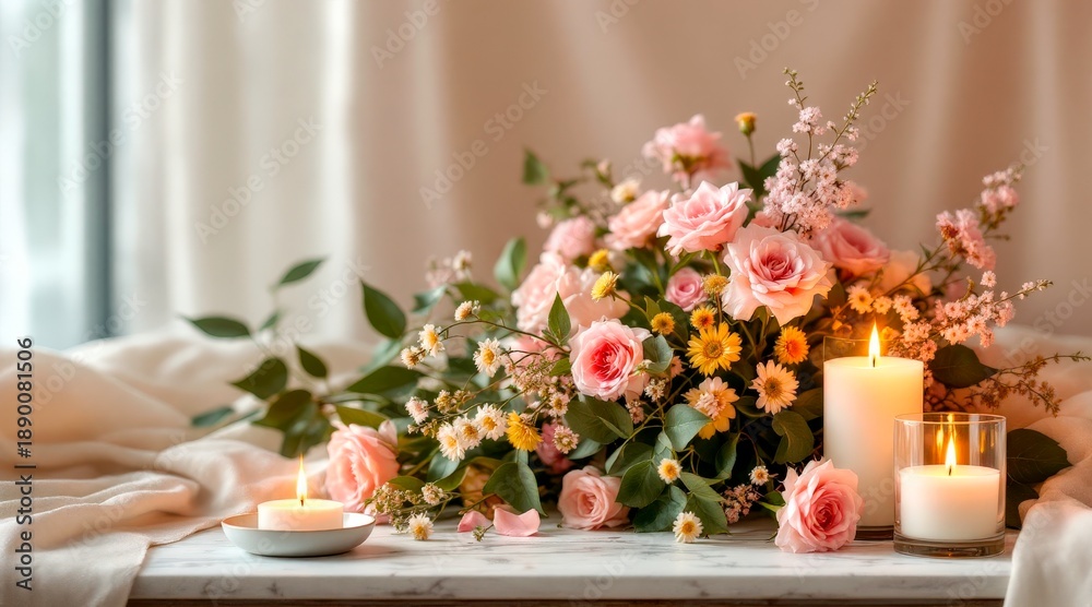 Fototapeta premium Flowers and candles on a table during a gathering in a bright room