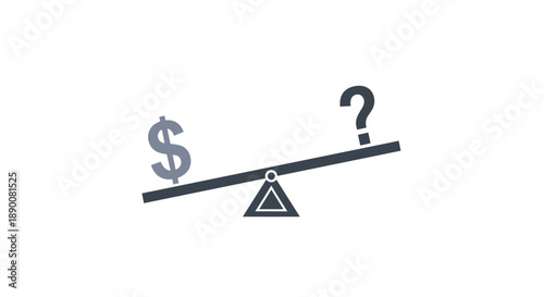 A simple, tilted seesaw with a dollar sign on one end and a question mark on the other, visually representing financial choices, uncertainty, or an unbalanced equation.
