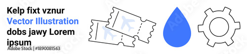 Two tickets, a blue water drop, and a gear icon arranged symbolizing entertainment, sustainability, and technology. Ideal for events, creativity, innovation, water conservation engineering eco