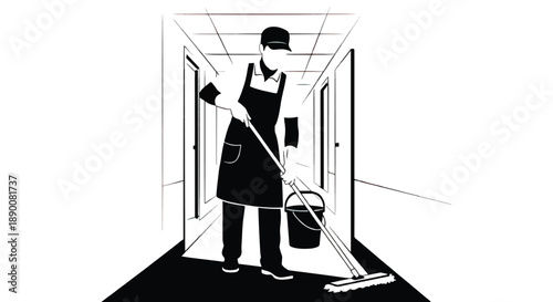 Janitor mopping hallway with bucket