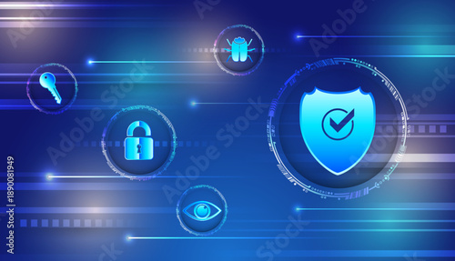 Advanced cybersecurity illustration with a digital shield and security icons, symbolizing data protection, privacy, threat detection, and secure network systems in a modern tech environment.