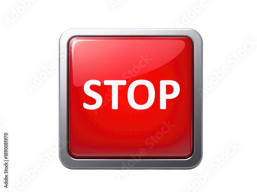 A bright red button with 'stop' printed in white letters, often used as an alert or warning symbol