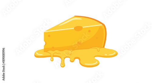A wedge of yellow cheese melting and dripping, creating a puddle of liquid cheese, presented as a delicious and appealing food illustration on a white background.
