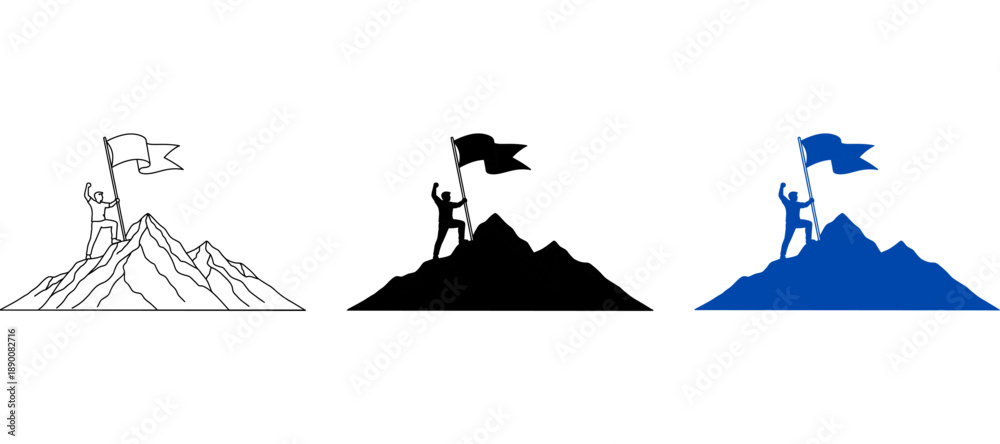 Fototapeta premium Blue Silhouette of Successful Man Planting Victory Flag on Mountain Peak at Sunset - Concept of Achievement and Business Growth