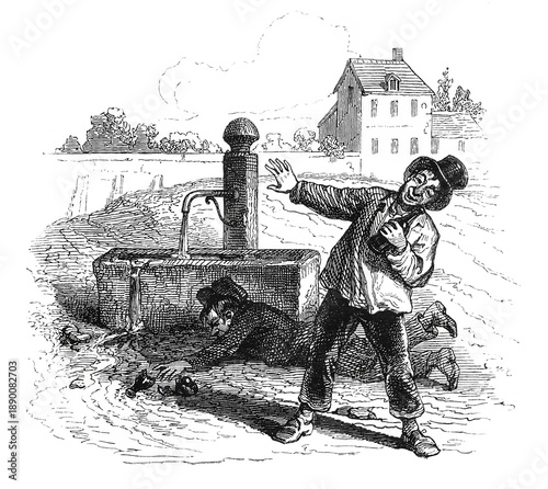 Tableau sur toile Two intoxicated men humorously blaming public water fountain for their condition
