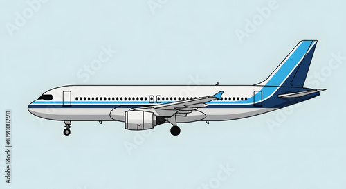 Modern commercial airplane in flight with blue accents